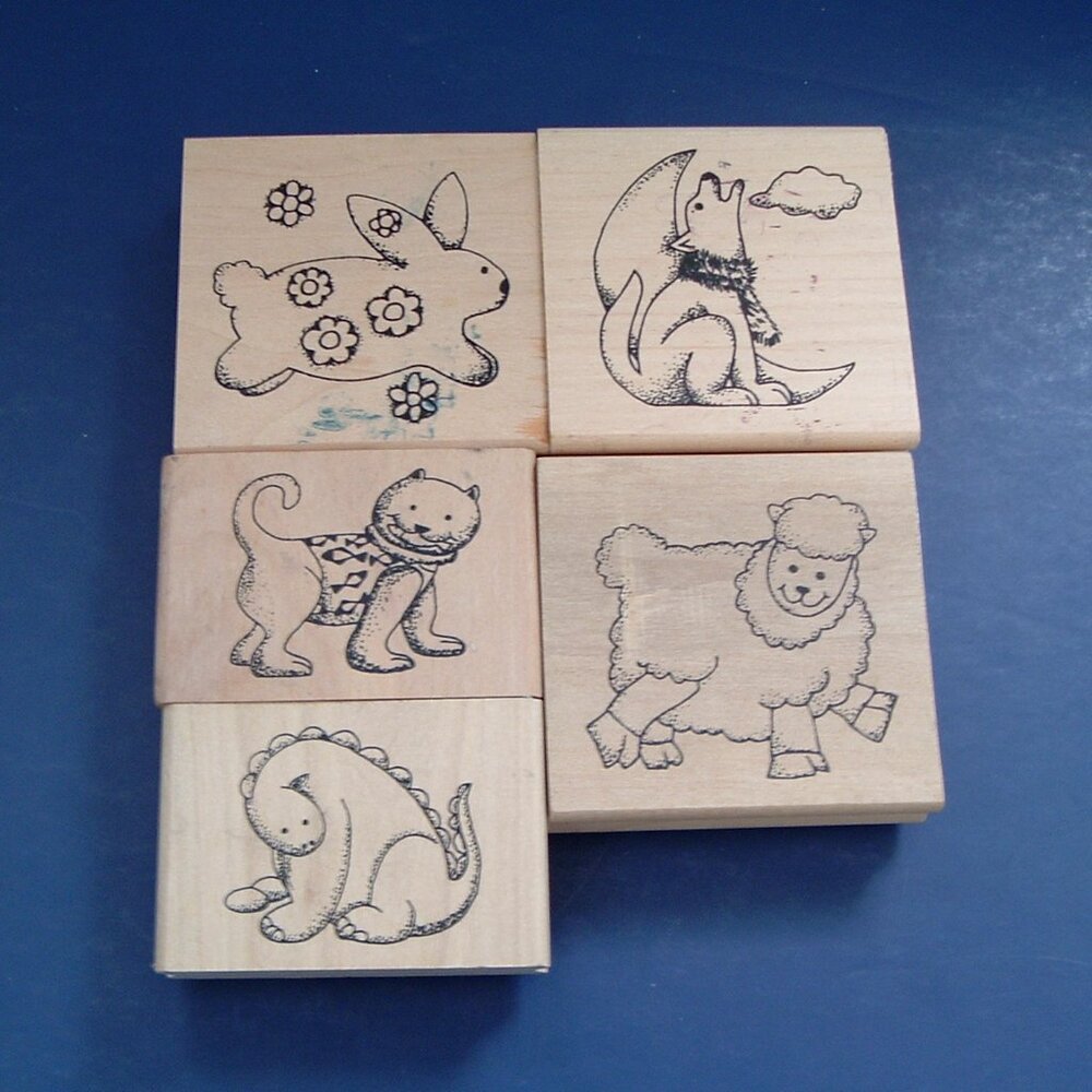 Cute fun animal 5 piece mixed lot rubber mounted stamps bunny dog lamb dinosaur